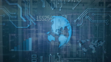 Animation-of-globe,-graph,-circuit-board-pattern-and-changing-numbers-over-data-server-system