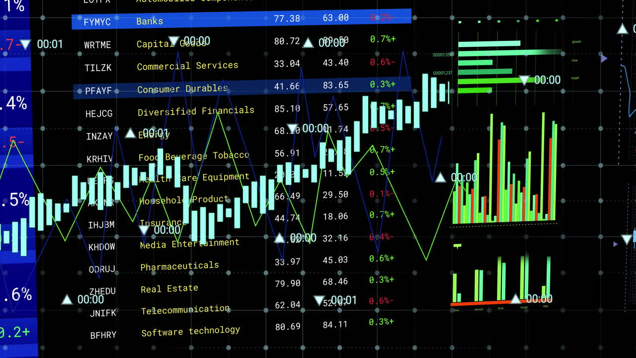 Animation of financial data processing on screen over black background