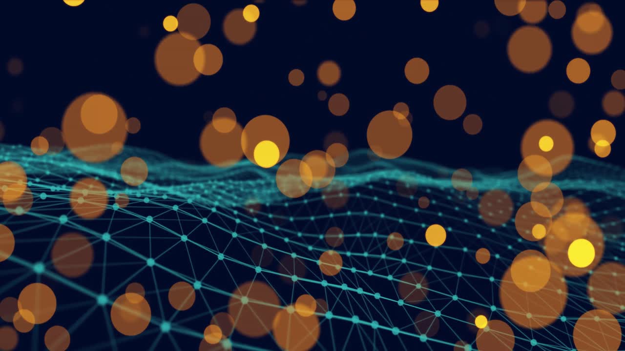 Animation of yellow spots of light over digital wave against blue background