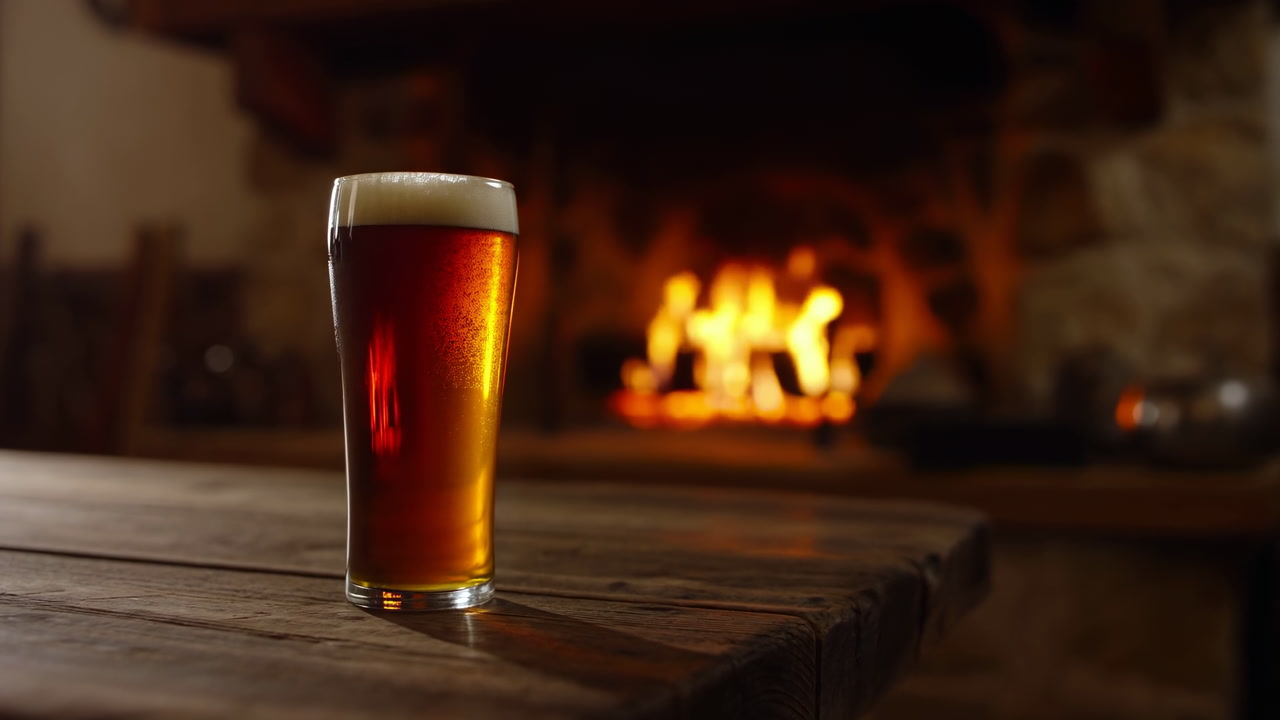 Pint Of Amber Beer By Fireplace, Rustic Wooden Table, Creamy Foam Head, Warm Flame Glow, Soft Shadows,