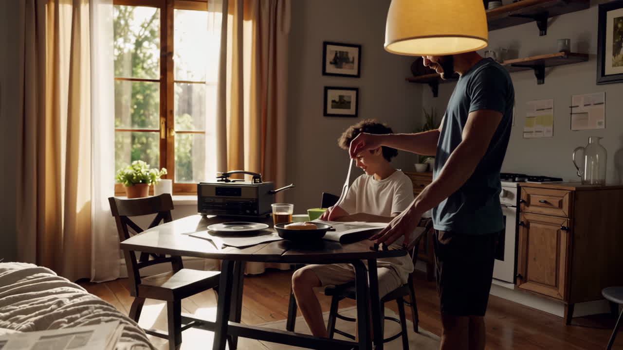 Café da manhã em família numa cozinha ensolarada