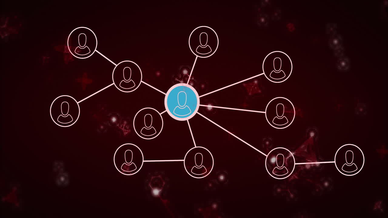 Animation of connected user icons on dark red digital background