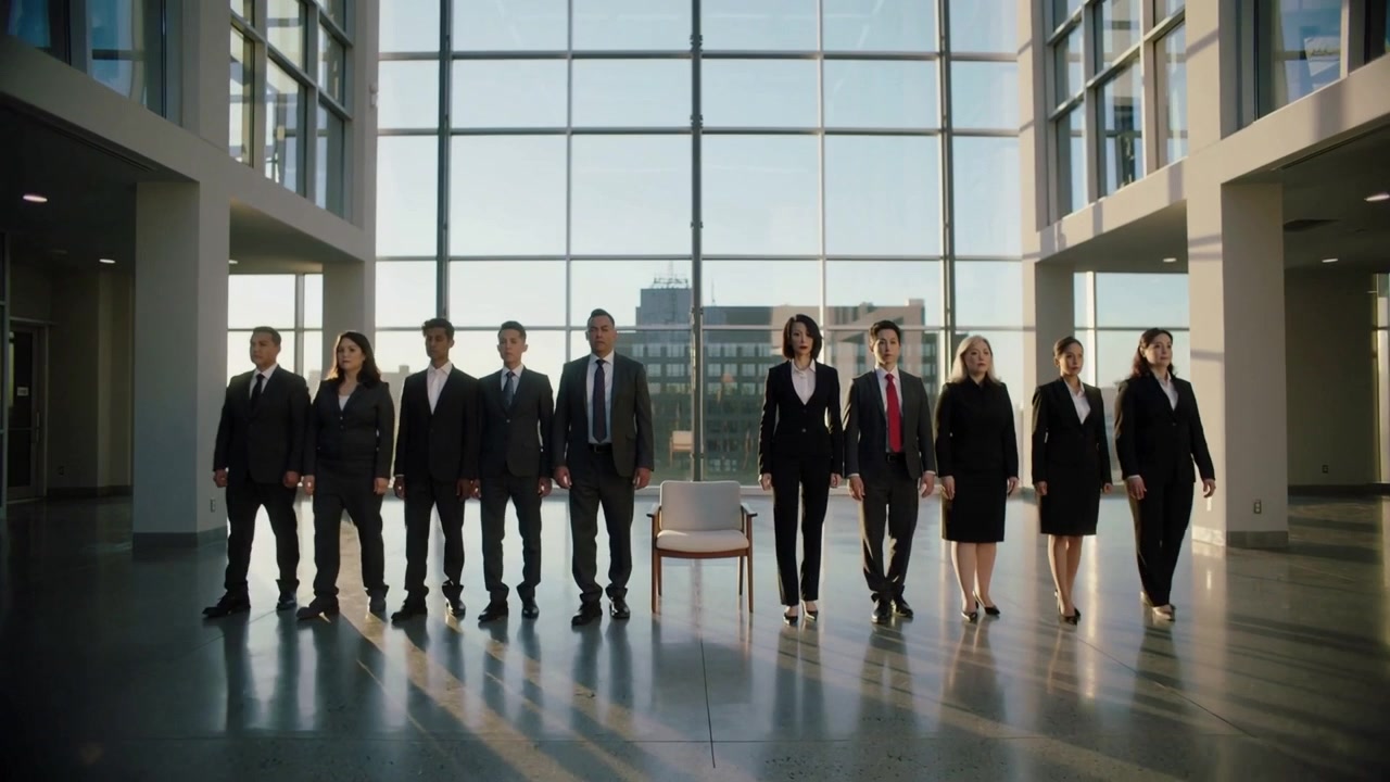 Walking ten staff entering from glass wall aligning around chair in atrium for lineup, in suits