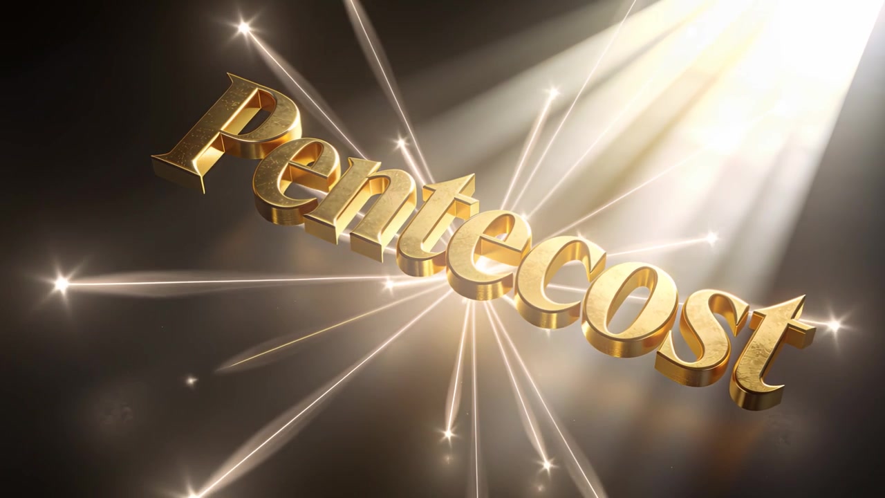 Fasci di luce che entrano dall'alto a destra, lettere 3D dorate "Pentecoste" che si muovono su pavimento lucido emettendo scie di scintille.