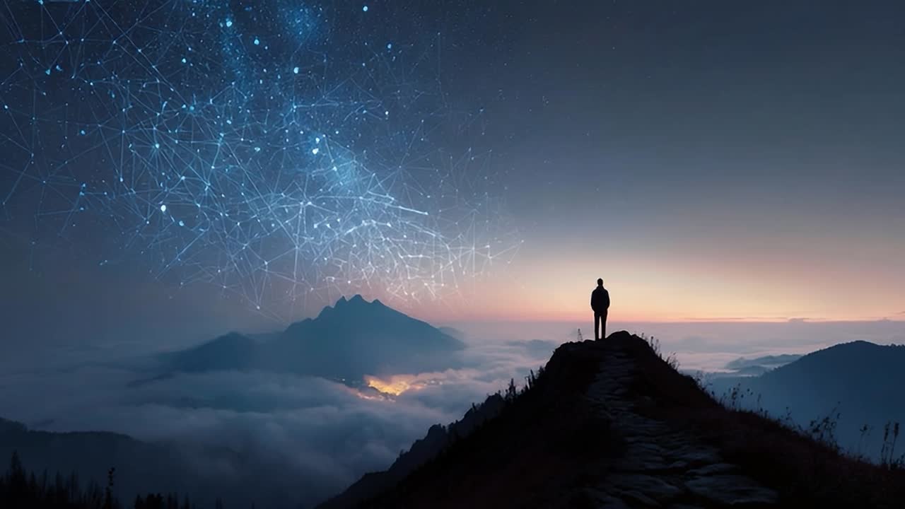 Contemplation at dusk with stars and mountains in the background