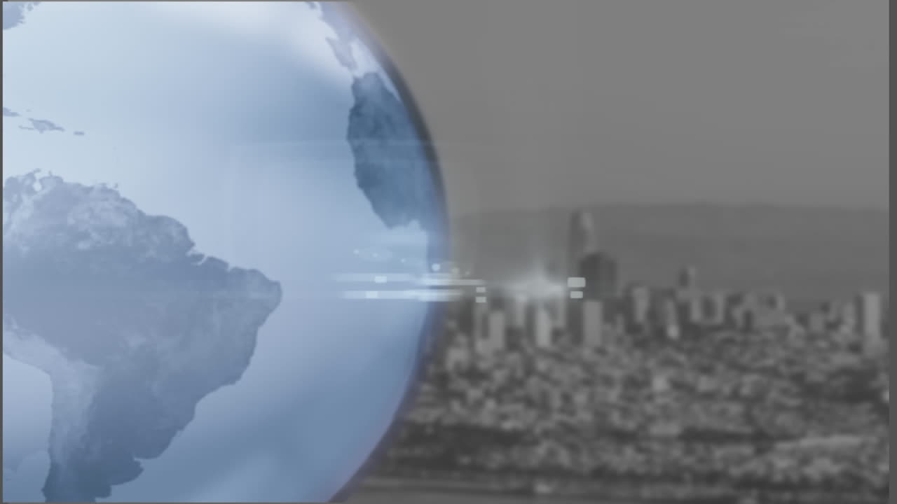 도시 풍경 위에서 회전하는 지구의 애니메이션