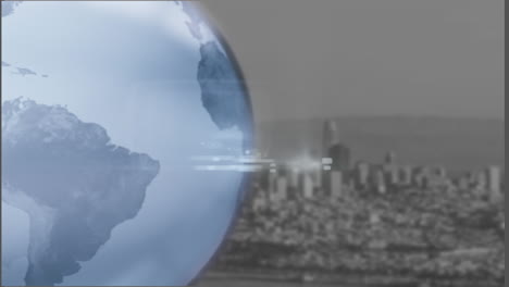 animation of spinning globe over cityscape