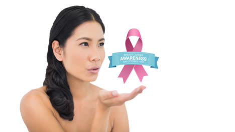 animation of pink ribbon logo with breast cancer text over young woman