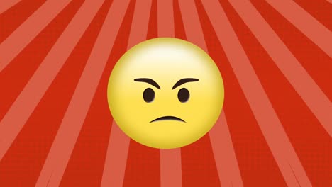 Animation-of-angry-face-emoji-against-radial-rays-in-seamless-pattern-on-red-background