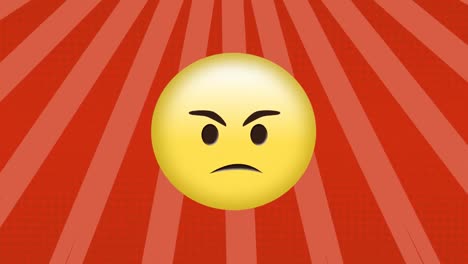 animation of angry face emoji against radial rays in seamless pattern on red background