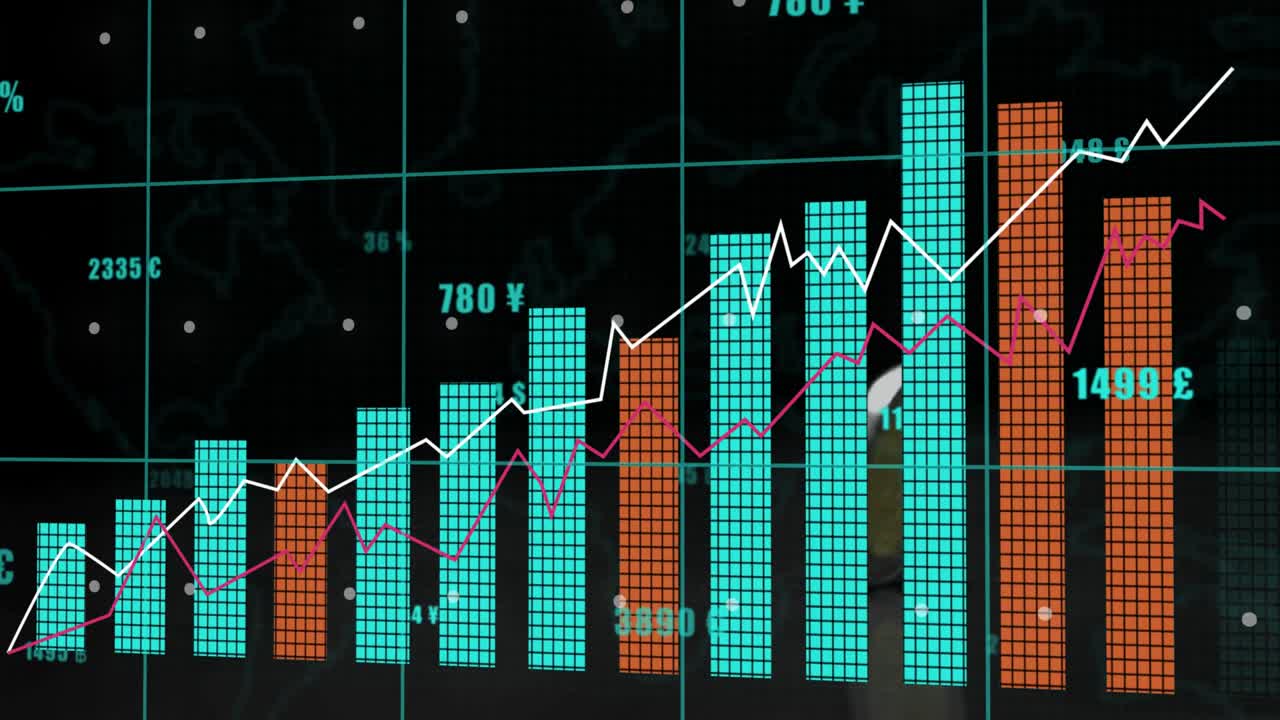 Currency values updating, coin spinning and flipping with bars rising, lines tracing data trends