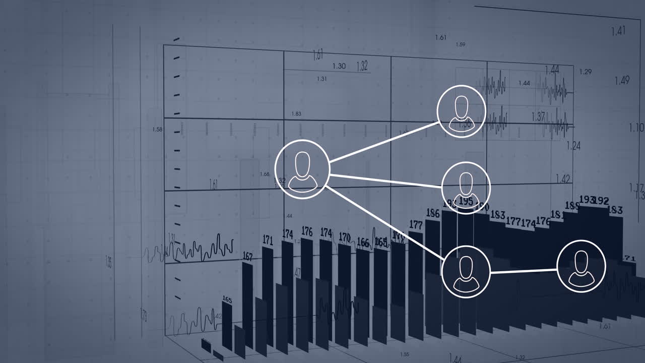 Animation of network of connections over data processing on white background