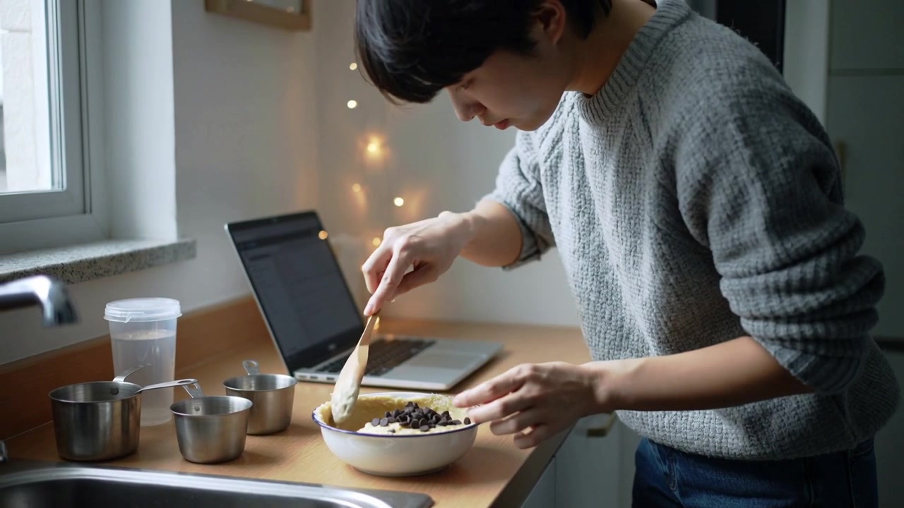 ノートパソコンのレシピを見ながら、男性が自宅で木製スプーンを使ってチョコレートチップを加え、生地をかき混ぜている。