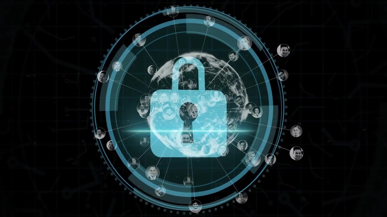 Cybersecurity HUD activating via globe, linking avatar nodes and engaging padlock securing network