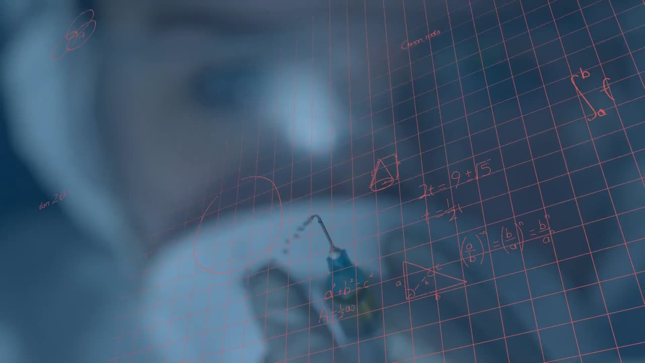 주사기를 들고 있는 여성 과학자 위에 수학 방정식의 애니메이션