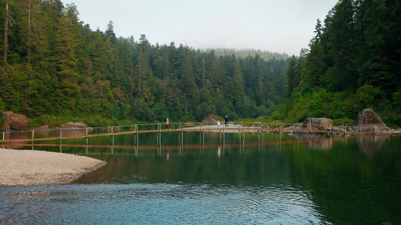 Man with his young children crossing a bridge in a forest river scene