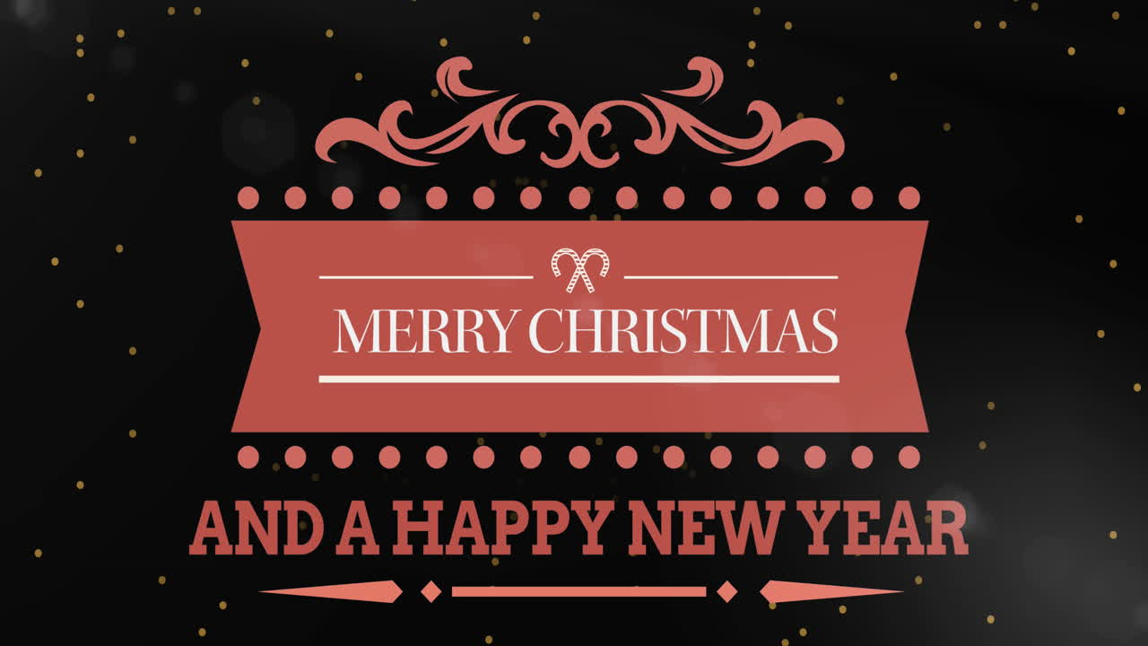 feliz navidad y feliz año nuevo banner de texto contra manchas amarillas flotando en fondo negro