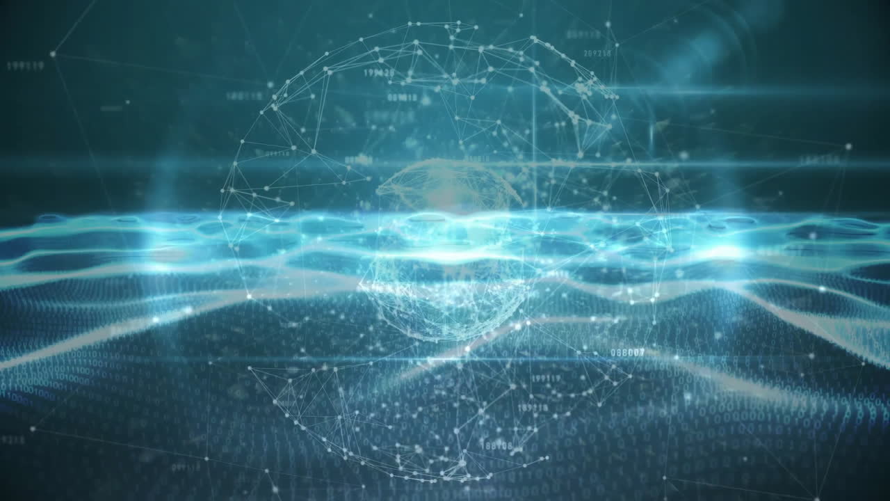 추상적인 파란 파도에 대한 디지털 글로브 및 네트워크 연결 애니메이션