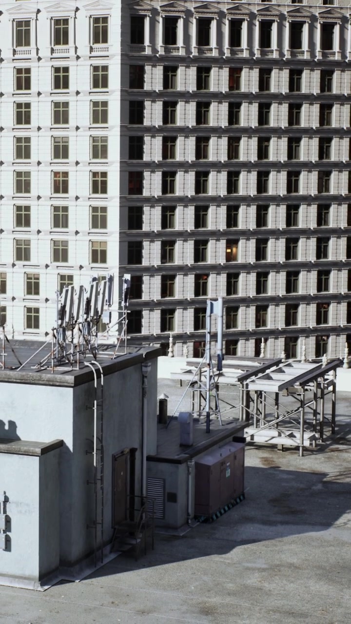 Vista do telhado de edifícios e antenas durante o dia em uma área urbana.