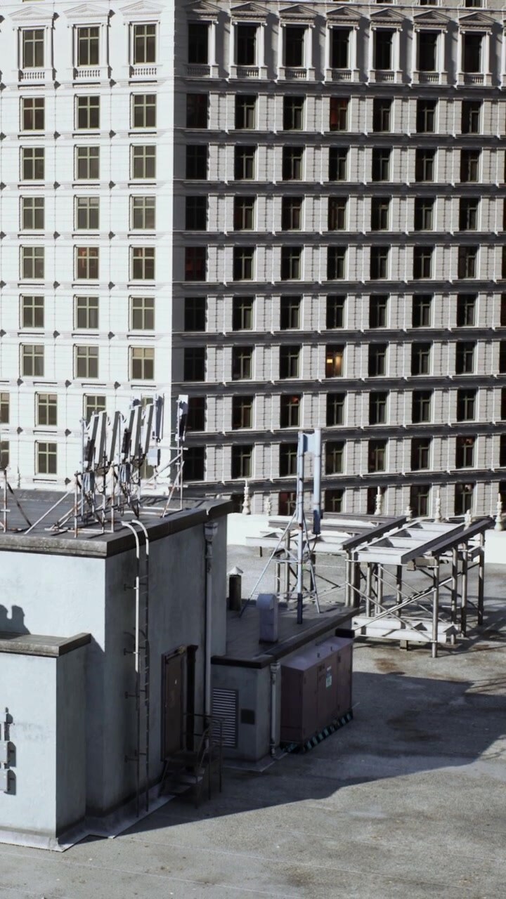 Vista dal tetto di edifici e antenne durante il giorno in un'area urbana