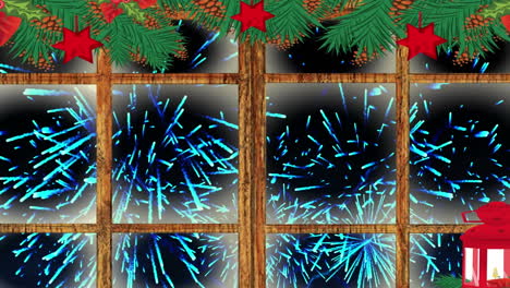 animación de fuegos artificiales explotando vista a través de una ventana con decoración navideña