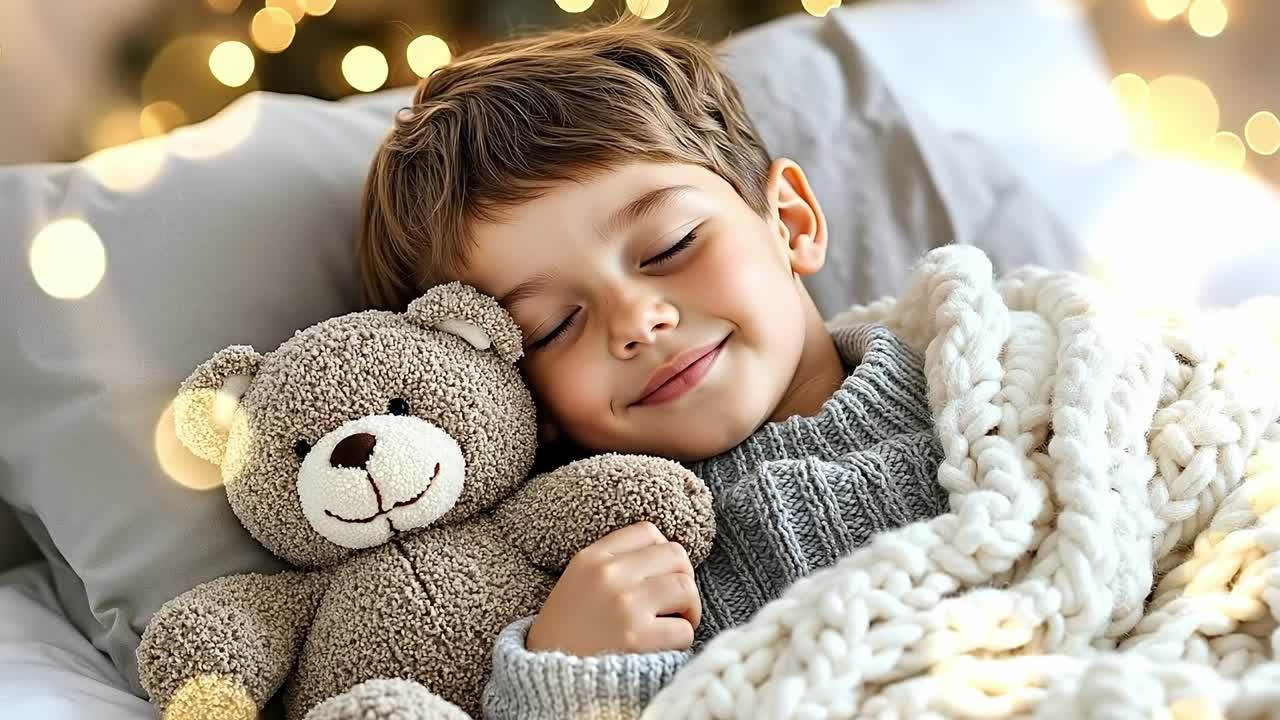 테디 베어와 함께 침대에 누워있는 작은 소년