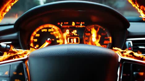 a car dashboard with a steering wheel covered in flames