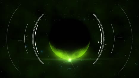 Außerirdischer-Grüner-Planet,-Gescannt-Durch-Fuuristisches-HUD-Radar-Display-In-Science-Fiction-Motion-Grafik-Animation