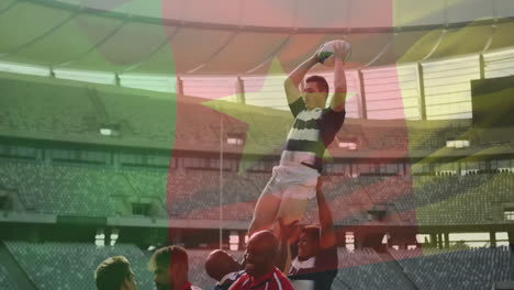 animation of flag of cameroon over diverse male rugby players