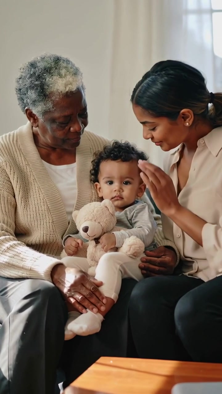 Video verticale: Madre con top color crema che si china, bacia e tampona la fronte del bambino, consolandolo sul divano, con un orsetto