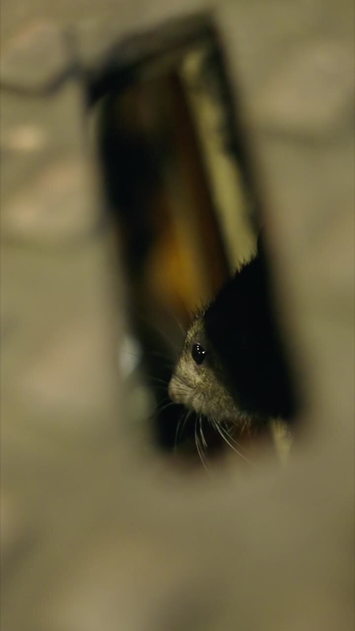 A mouse peeking out from a hole