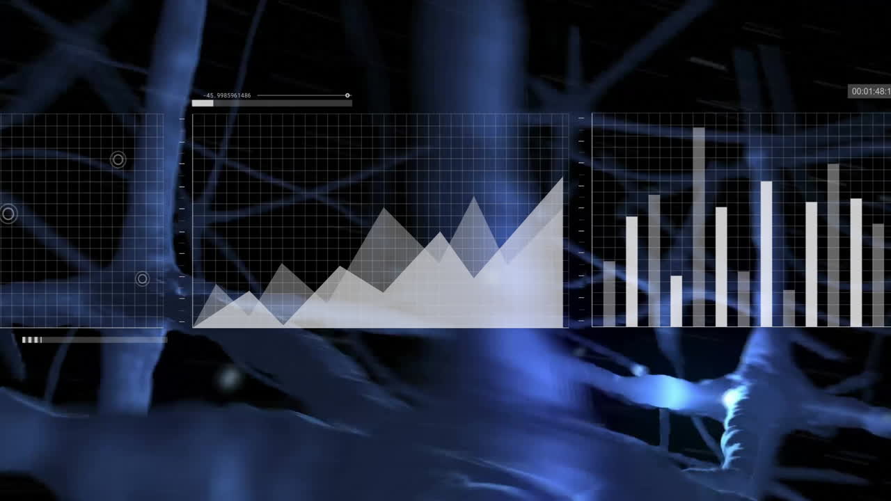animación de gráficos y gráficos de barras sobre un fondo azul y negro abstracto