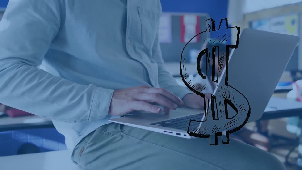 animación del símbolo del dólar contra la sección media de un maestro masculino usando una computadora portátil en clase en la escuela