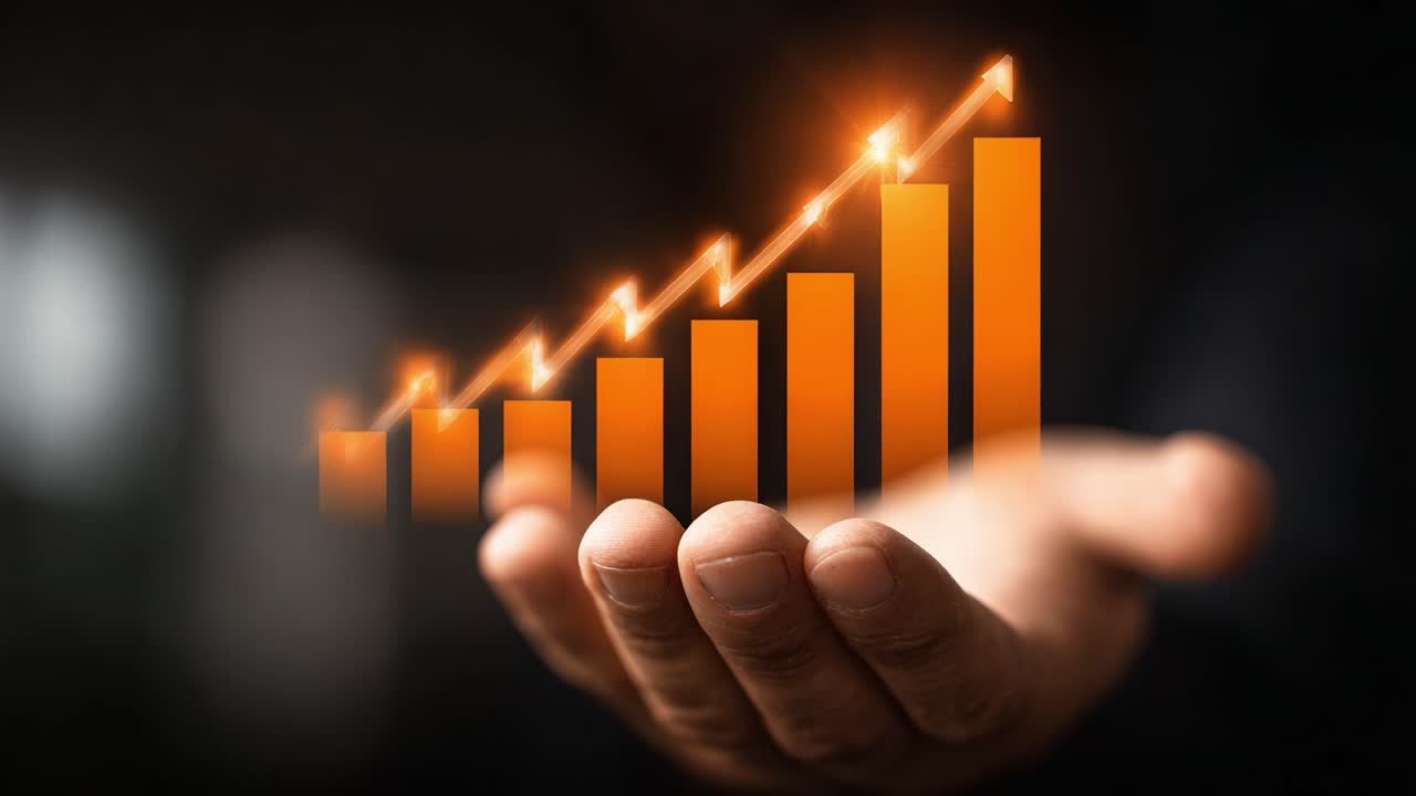 An upward trend highlighted in bold orange bars symbolizes growth and success, as a hand supports the rising graph, illustrating achievement and positive progress