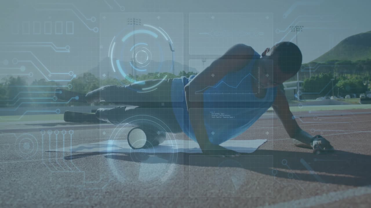 Digital interface animation over athlete doing plank exercise on outdoor track