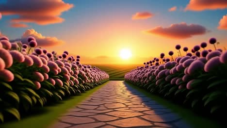 Flower-lined sunset path. A flower-lined stone path leads to a vibrant sunset over hills, creating a serene atmosphere.