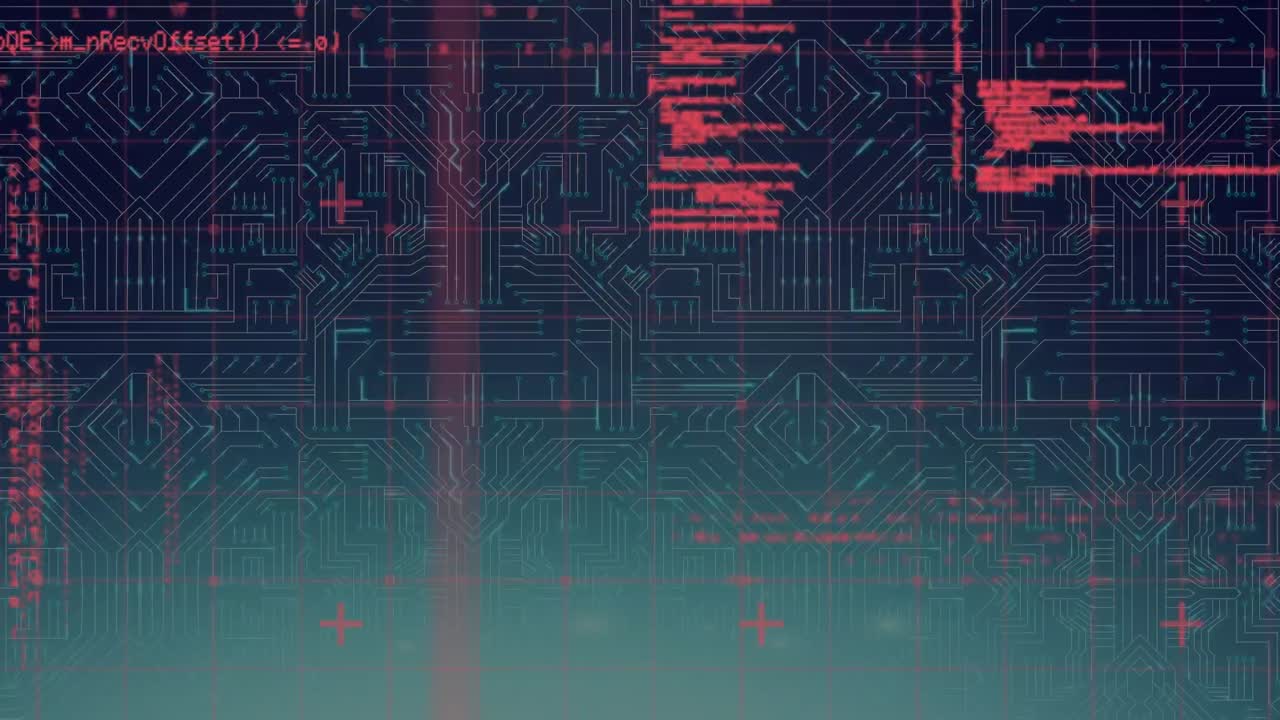 animación del procesamiento de datos sobre un circuito integrado en espacio rojo y negro