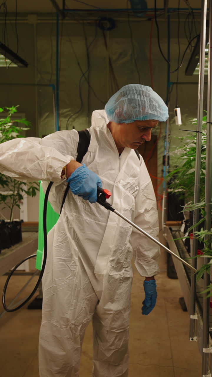 Uomo in tuta protettiva che spruzza piante di cannabis in una fattoria indoor