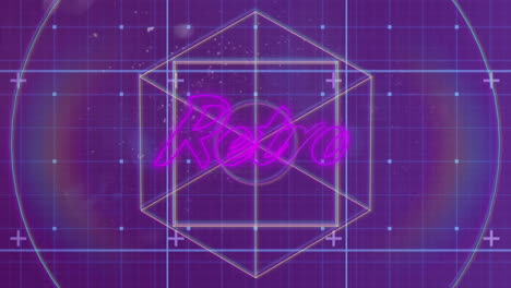 animation of retro text in pink neon letters over geometric figures and spotlights