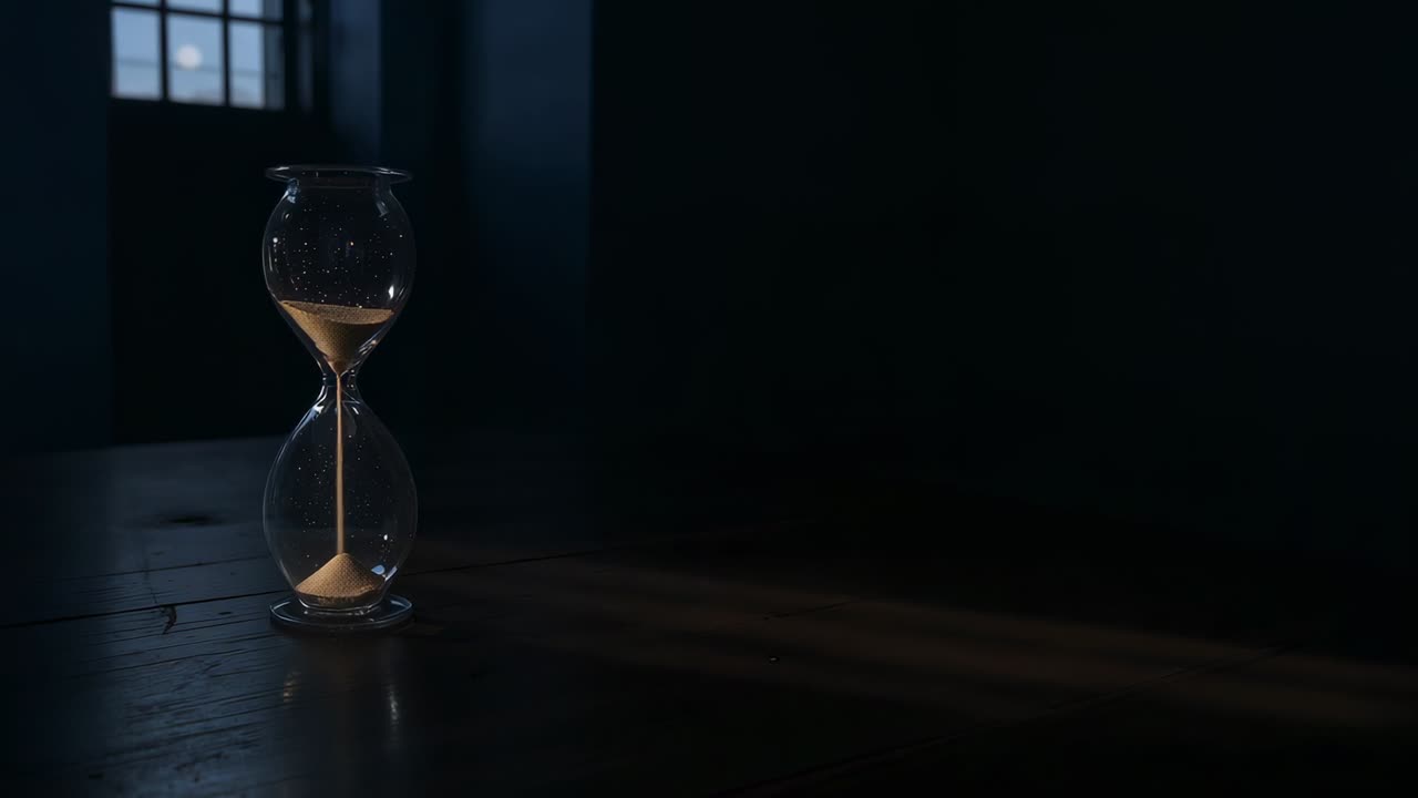 At start glass hourglass pouring beige sand into lower bulb on tabletop, measuring time, copy space