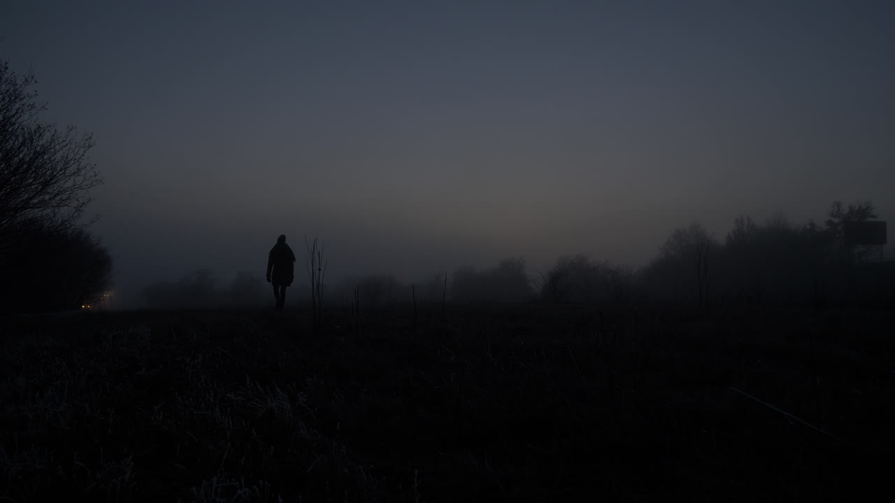 Woman Figure Walking Alone At Night In Countryside - Distant Car Light Beams