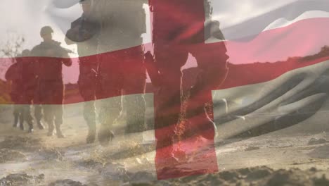 animation of flag of england over diverse soldiers with armour