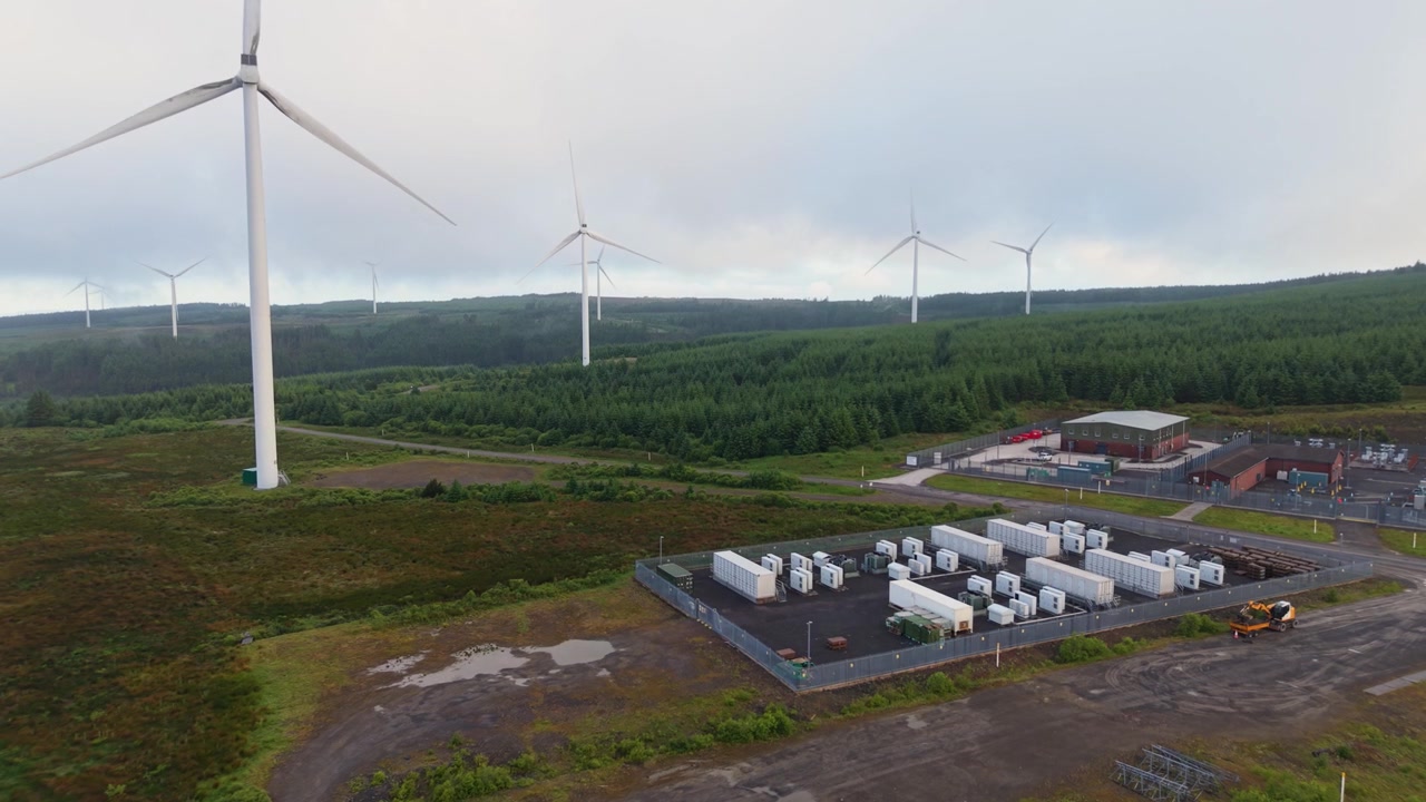 Wind Turbines Generating Electricity and Storing Energy in BESS Containers.
