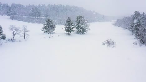 Fliegen-Durch-Einen-Schneesturm-über-Einem-Zugefrorenen-Fluss-Zeitlupe-Luftzeitlupe