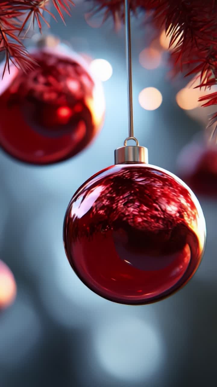 A Glimpse of Festive Charm: Captivating Close-up of a Shimmering Red Christmas Ornament Suspended Among Glimmering Lights, Capturing the Spirit of Celebration and Joy During the Holiday Season