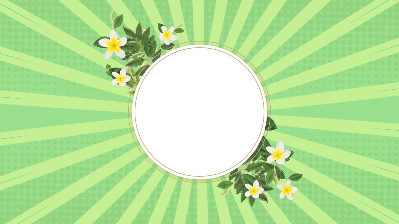 White circle with leaves and flowers over rotating green strips