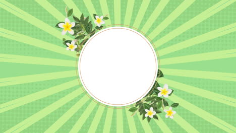 círculo blanco con hojas y flores sobre tiras verdes rotativas