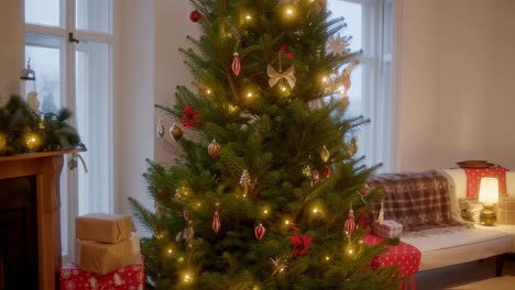 decorated christmas tree glowing with warm lights and surrounded by presents, creating a cozy atmosphere in a living room by the window