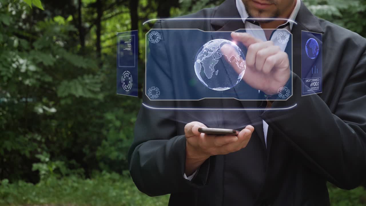 Businessman uses hologram with planet Earth