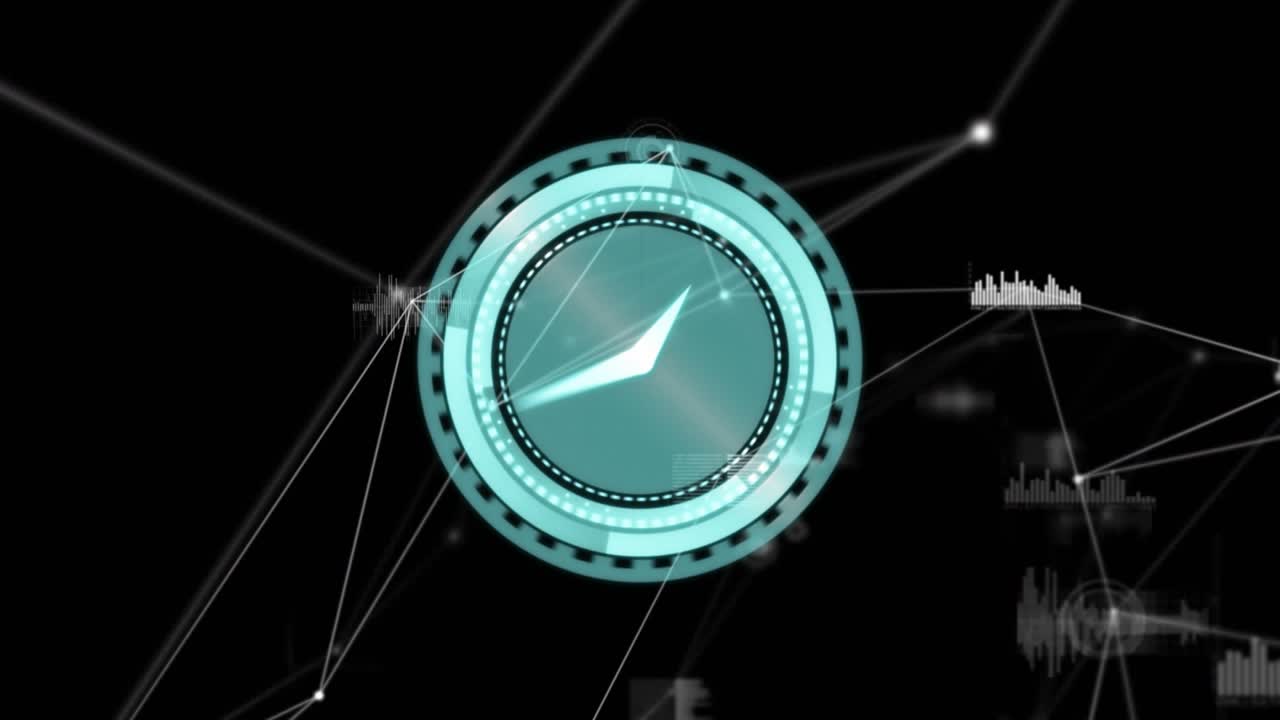 Teal arc sweeping initiating circular gauge rotating pointer pulsing segments visualizing data flow